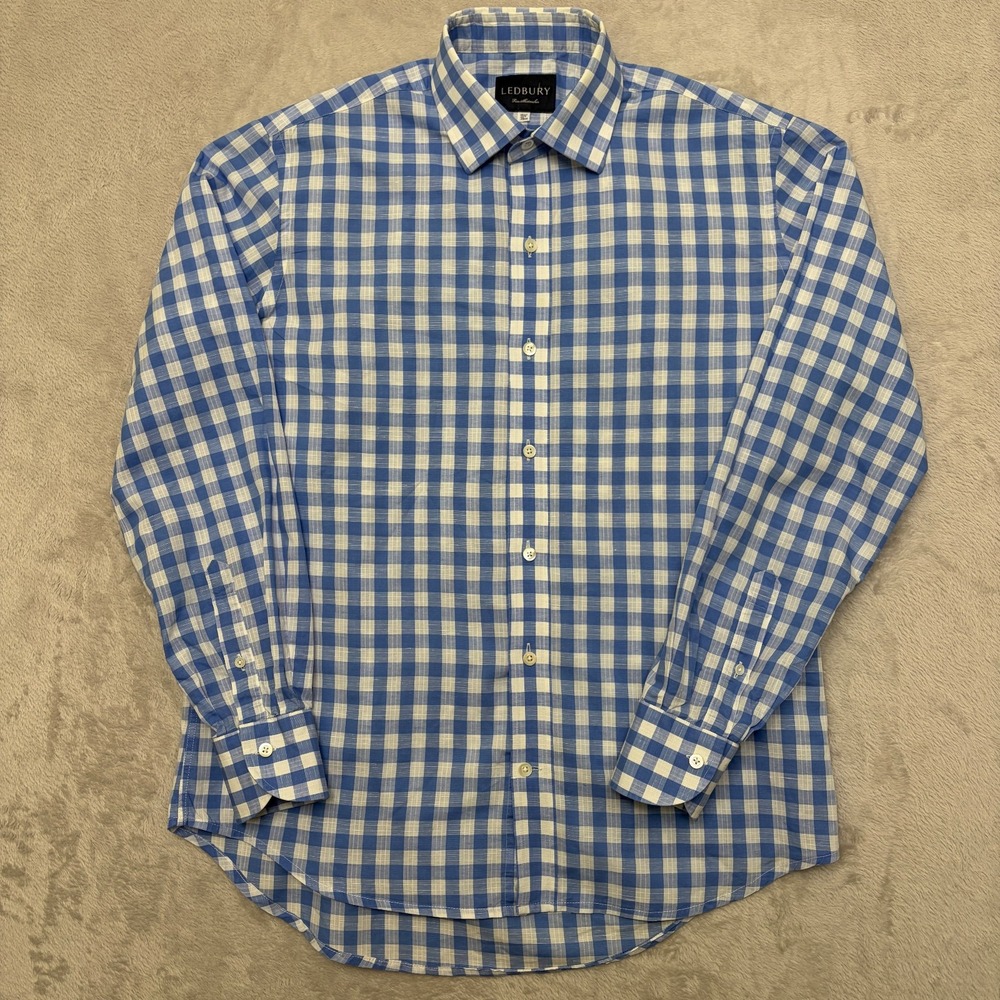 Ledbury Linen/Cotton Blend Cutaway Collar Textured Check Shirt 15.5